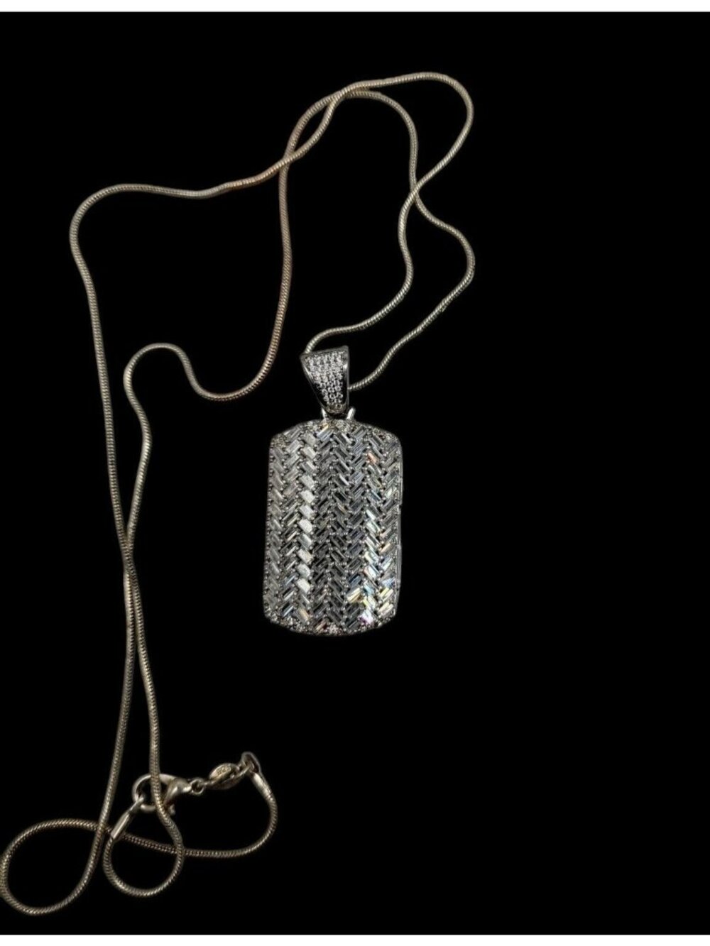 Sterling Silver CZ Chevron Pendant Necklace 925 Pave Dog Tag Cubic Zirconia 24"
